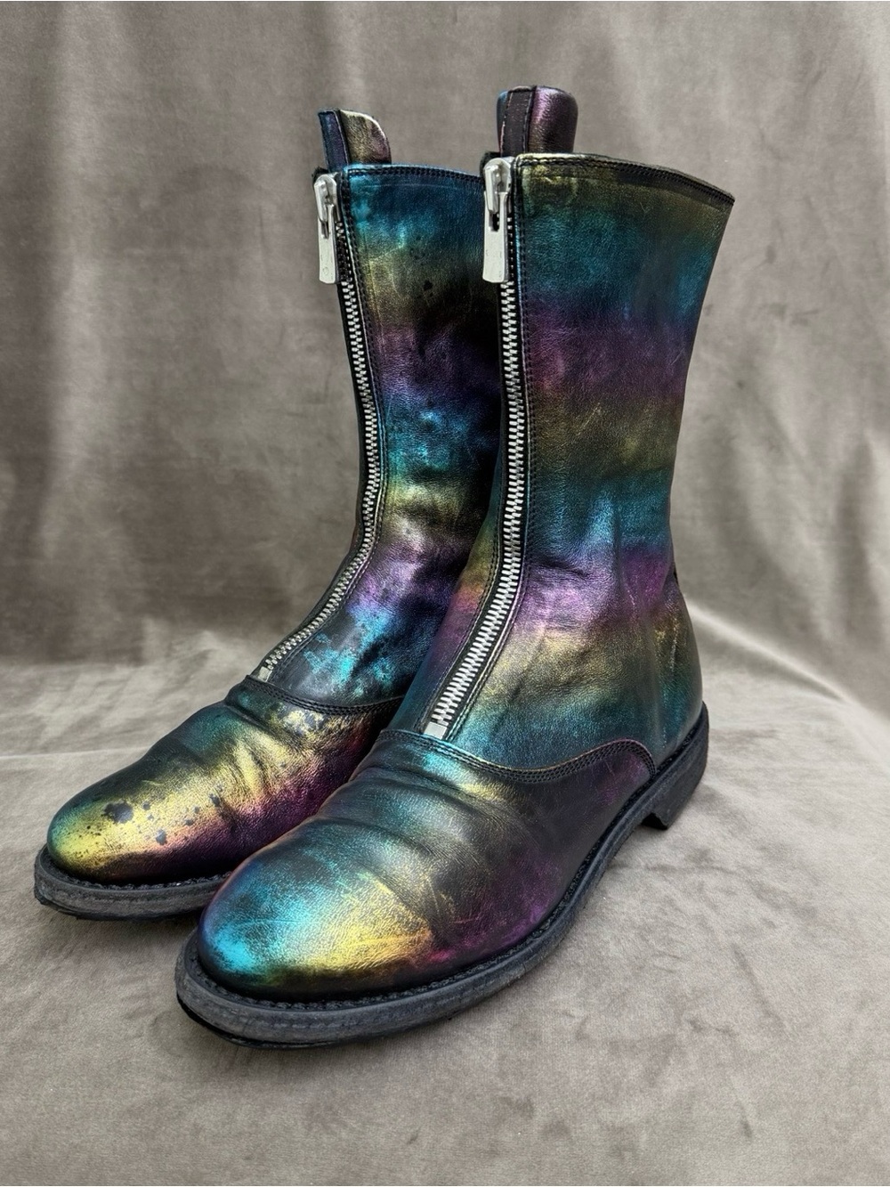 Guidi Iridescent Teal Purple Gold Front-Zip Lace-Up Boots